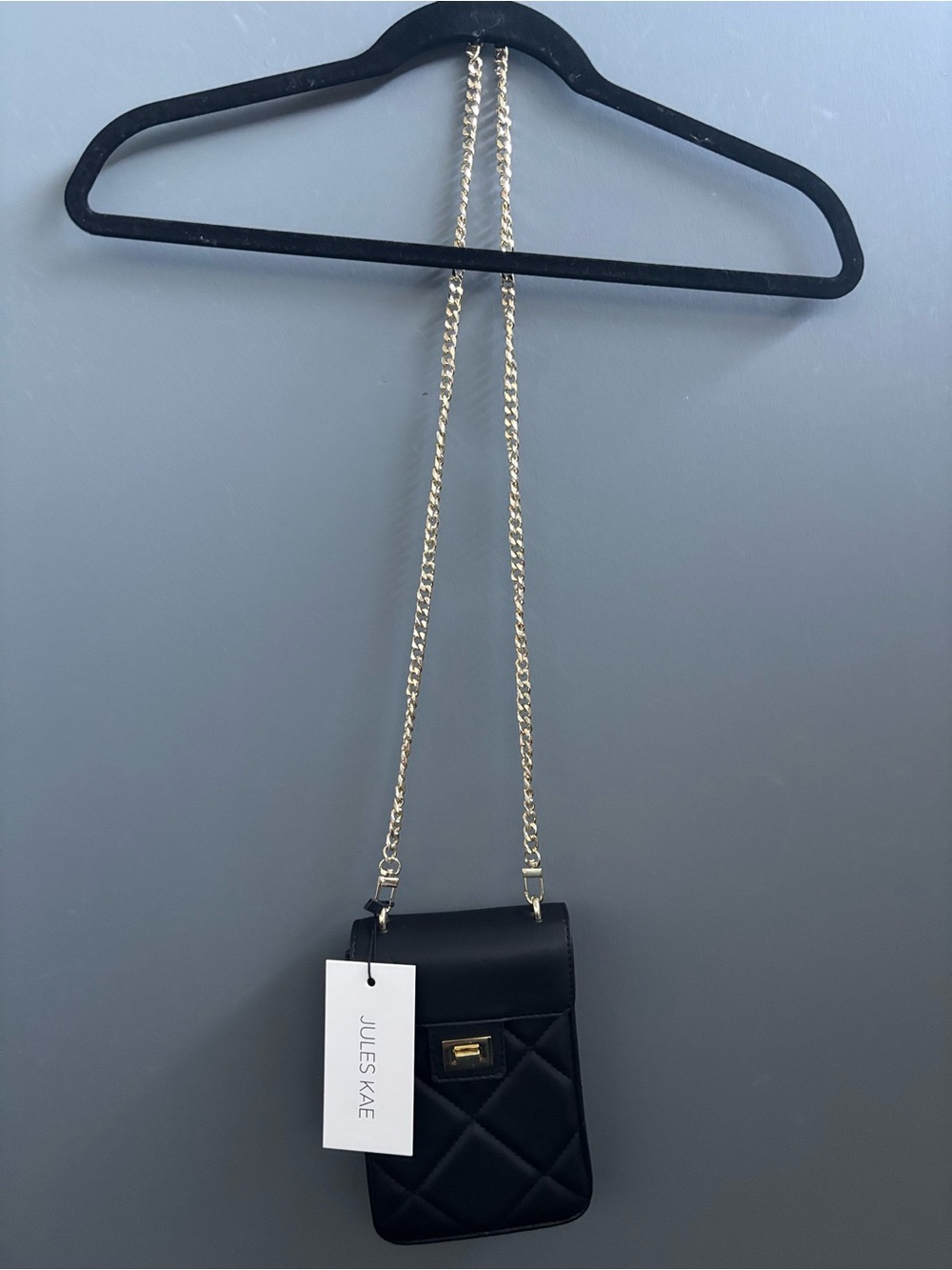 Jules Kae Black Quilted Vegan Leather Crossbody Bag with Gold Chain